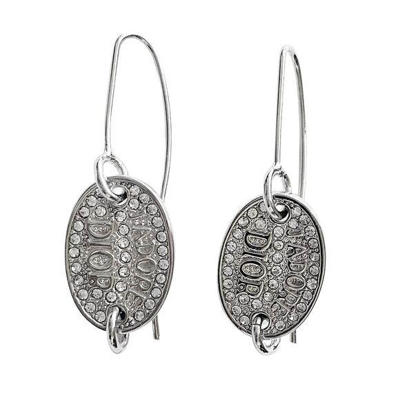 AUTH VTG Christian Dior Silver JADORE DIOR Logo Crystal Rhinestone Hook Earrings - Picture 1 of 15